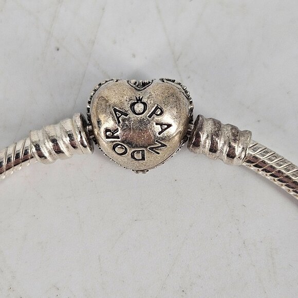 Pandora Moments Snake Chain Charm Bracelet 7.5" Pave Heart Clasp Sterling Silver - Picture 3 of 8